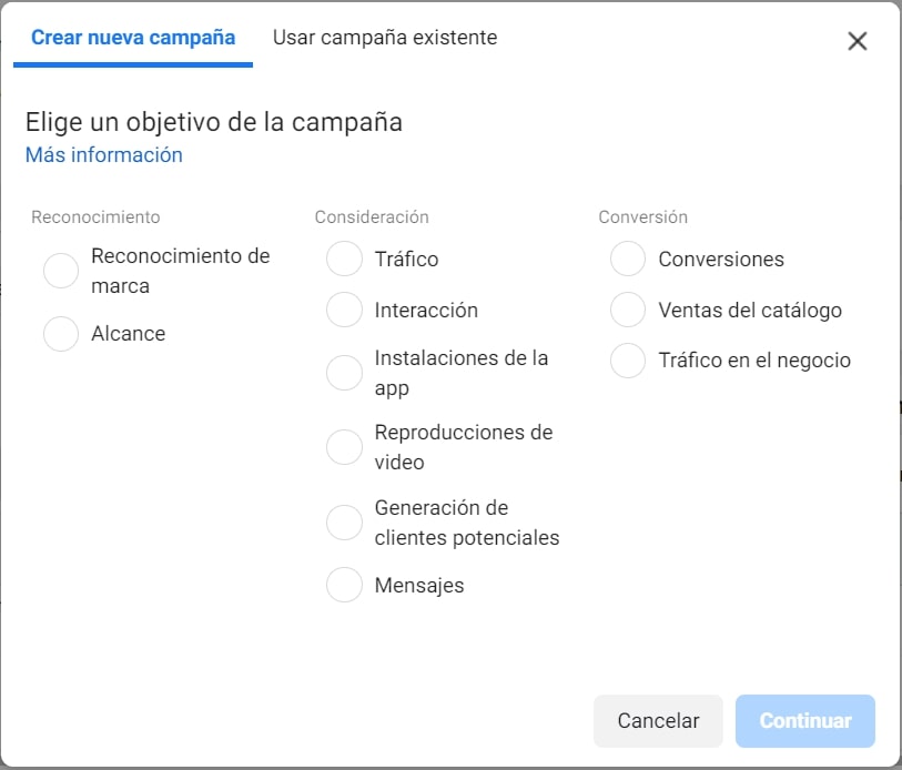 audience network facebook - objetivos de campaña compatibles